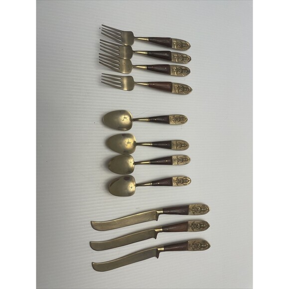Handcrafted in Thailand Other - VTG 11 Pc BUDDHIST Bronze Nickel FLATWARE Fork Knife Spoon THAILAND Handcrafted